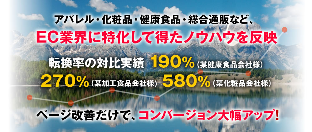 アパレル・化粧品・健康食品・総合通販など、EC業界に特化してきた専門家が手掛けます。転換率の対比200%や300%はおろか、驚異の1500％超えも経験!